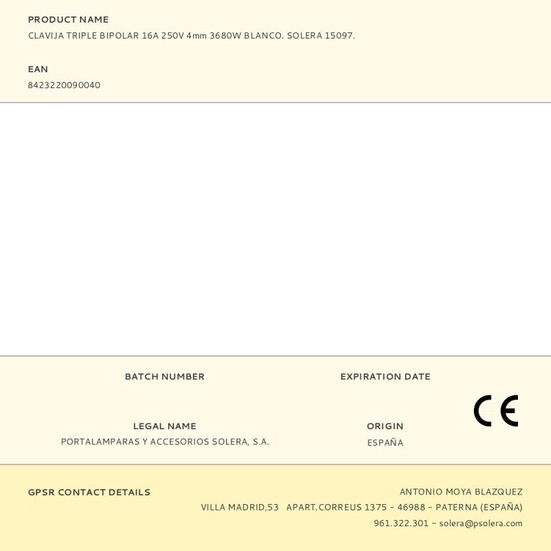 Clavija triple bipolar 16a 250v 4mm 3680w blanco. solera 15097.