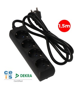 Prolongador con 4 tomas 2p+t, 16a 250v~ 1,5 m de cable h05vv-f 3g 1,5mm², negro.