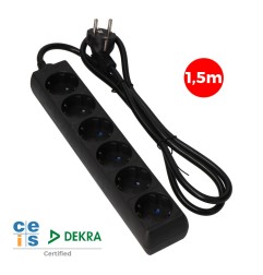 Prolongador con 6 tomas 2p+t, 16a 250v~ 1,5 m de cable h05vv-f 3g 1,5mm², negro.