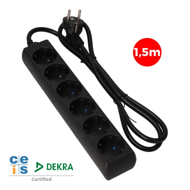 Prolongador con 6 tomas 2p+t, 16a 250v~ 1,5 m de cable h05vv-f 3g 1,5mm², negro.