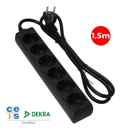 Prolongador con 6 tomas 2p+t, 16a 250v~ 1,5 m de cable h05vv-f 3g 1,5mm², negro.