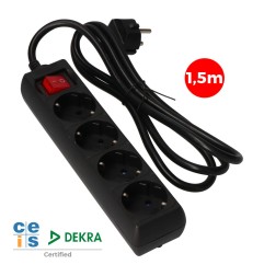 Prolongador con 4 tomas 2p+t, 16a 250v~ 1,5 m de cable h05vv-f 3g 1,5mm², con interruptor, negro.