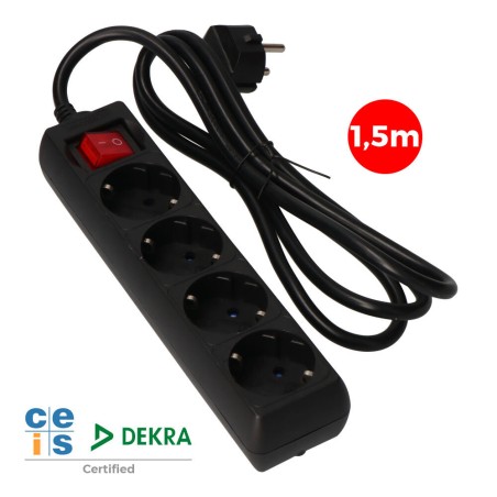 Prolongador con 4 tomas 2p+t, 16a 250v~ 1,5 m de cable h05vv-f 3g 1,5mm², con interruptor, negro.