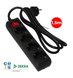Prolongador con 4 tomas 2p+t, 16a 250v~ 1,5 m de cable h05vv-f 3g 1,5mm², con interruptor, negro.