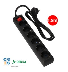Prolongador con 6 tomas 2p+t, 16a 250v~ 1,5 m de cable h05vv-f 3g 1,5mm², con interruptor, negro.