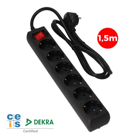 Prolongador con 6 tomas 2p+t, 16a 250v~ 1,5 m de cable h05vv-f 3g 1,5mm², con interruptor, negro.