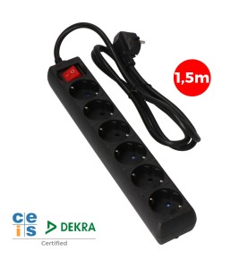 Prolongador con 6 tomas 2p+t, 16a 250v~ 1,5 m de cable h05vv-f 3g 1,5mm², con interruptor, negro.