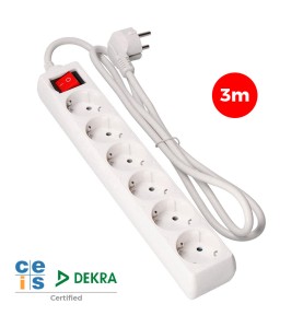 Prolongador con 6 tomas 2p+t, 16 a 250 v de cable h05vv-f 3g + interruptor luminoso 3 m.