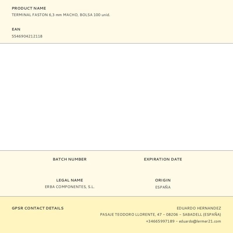 Terminal faston 6,3 mm macho, bolsa 100 unid.