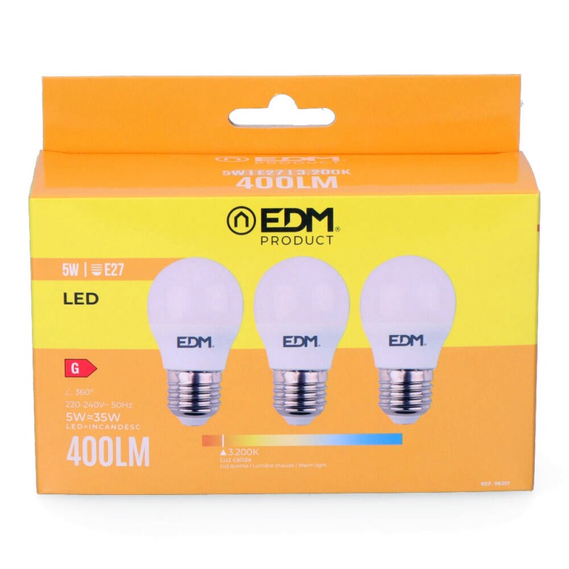 Kit 3 bombillas esfericas led e27 5 w 400 lm 3200 k luz calida ø4,5 x 8 cm