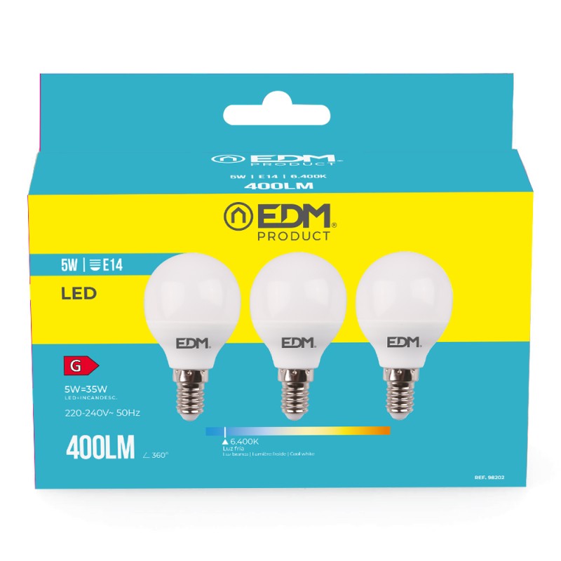 Kit 3 bombillas esfericas led e14 5 w 400 lm 6400 k luz fria ø4,5 x 8 cm