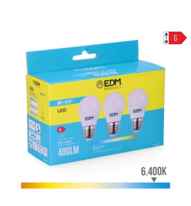 Kit 3 bombillas esfericas led e27 5 w 400 lm 6400 k luz fria ø4,5 x 8 cm