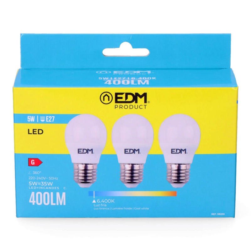 Kit 3 bombillas esfericas led e27 5 w 400 lm 6400 k luz fria ø4,5 x 8 cm