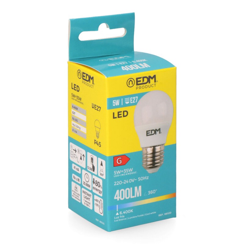 Bombilla esferica led e27 5 w 400 lm 6400 k luz fria ø4,5 x 8 cm