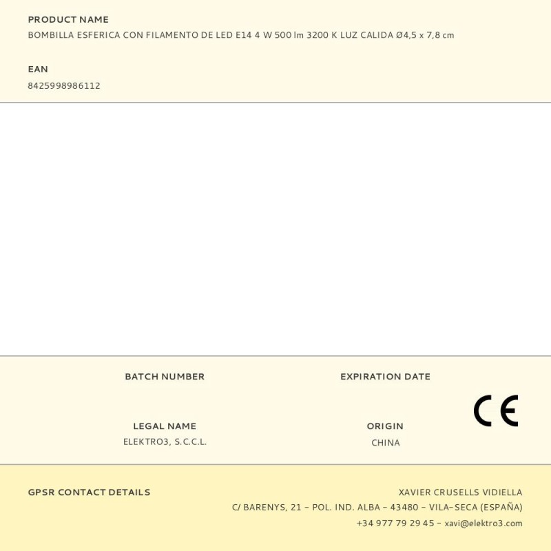 Bombilla esferica con filamento de led e14 4 w 500 lm 3200 k luz calida ø4,5 x 7,8 cm