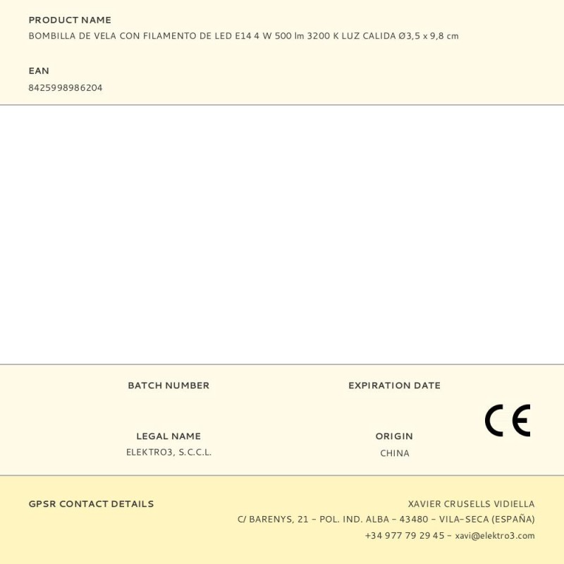 Bombilla de vela con filamento de led e14 4 w 500 lm 3200 k luz calida ø3,5 x 9,8 cm