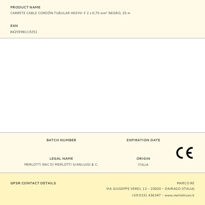 Carrete cable cordón tubular h03vv-f 2 x 0,75 mm² negro, 25 m