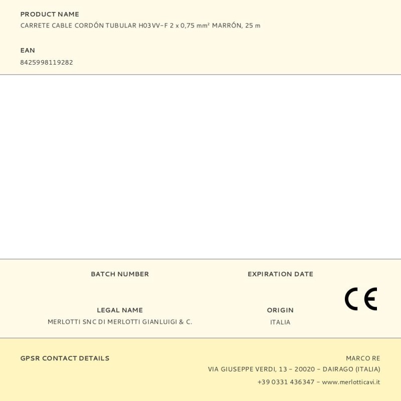 Carrete cable cordón tubular h03vv-f 2 x 0,75 mm² marrón, 25 m