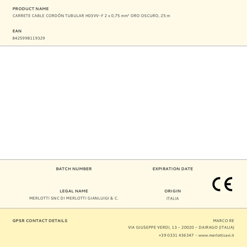 Carrete cable cordón tubular h03vv-f 2 x 0,75 mm² oro oscuro, 25 m