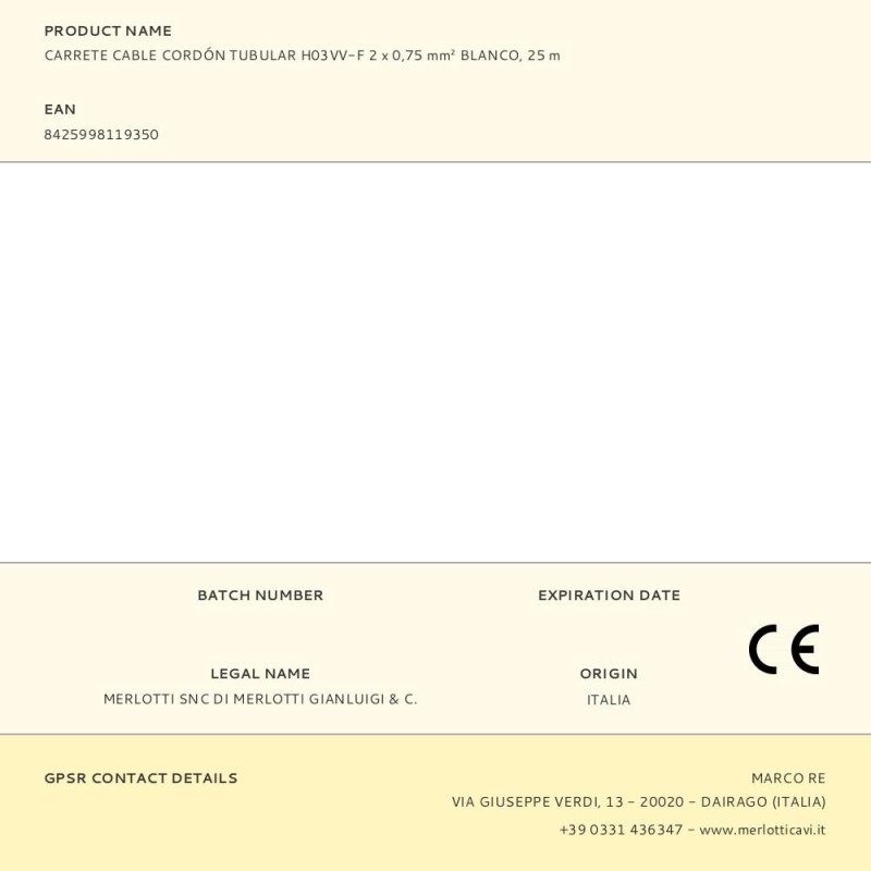 Carrete cable cordón tubular h03vv-f 2 x 0,75 mm² blanco, 25 m