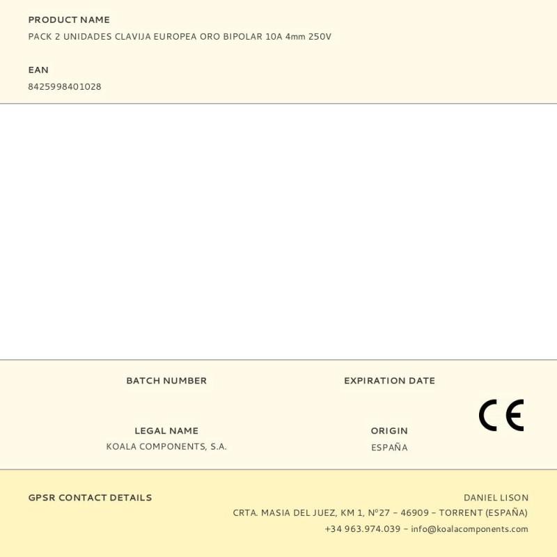 Pack 2 unidades clavija europea oro bipolar 10a 4mm 250v