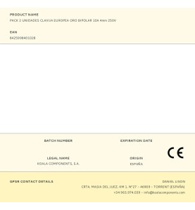 Pack 2 unidades clavija europea oro bipolar 10a 4mm 250v