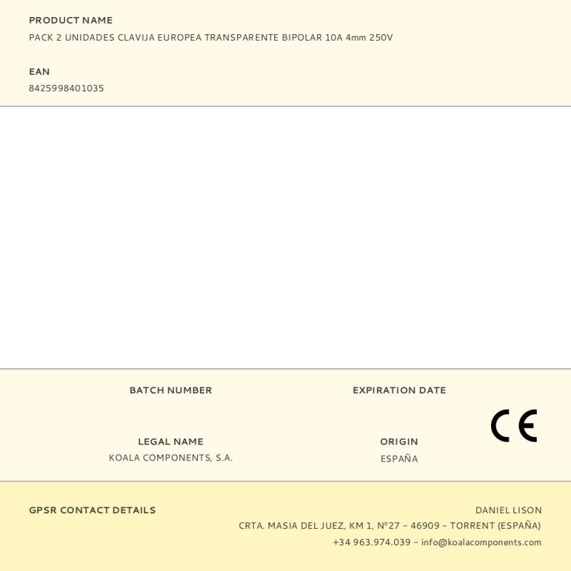 Pack 2 unidades clavija europea transparente bipolar 10a 4mm 250v