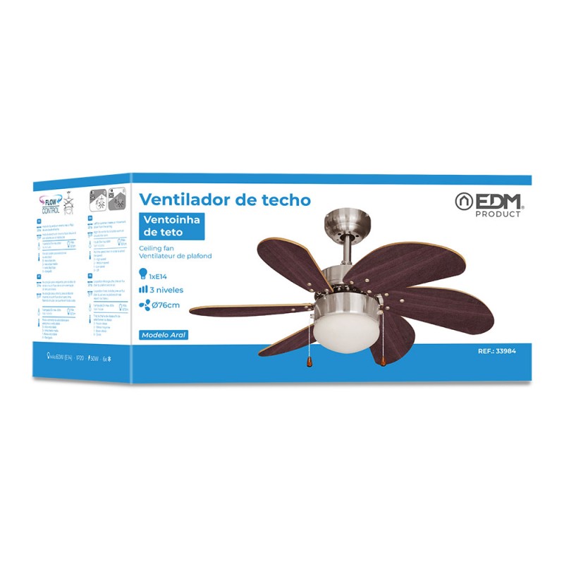 Ventilador de techo modelo aral. color wengue/niquel satinado. potencia: 50w aspas: ø76cm edm