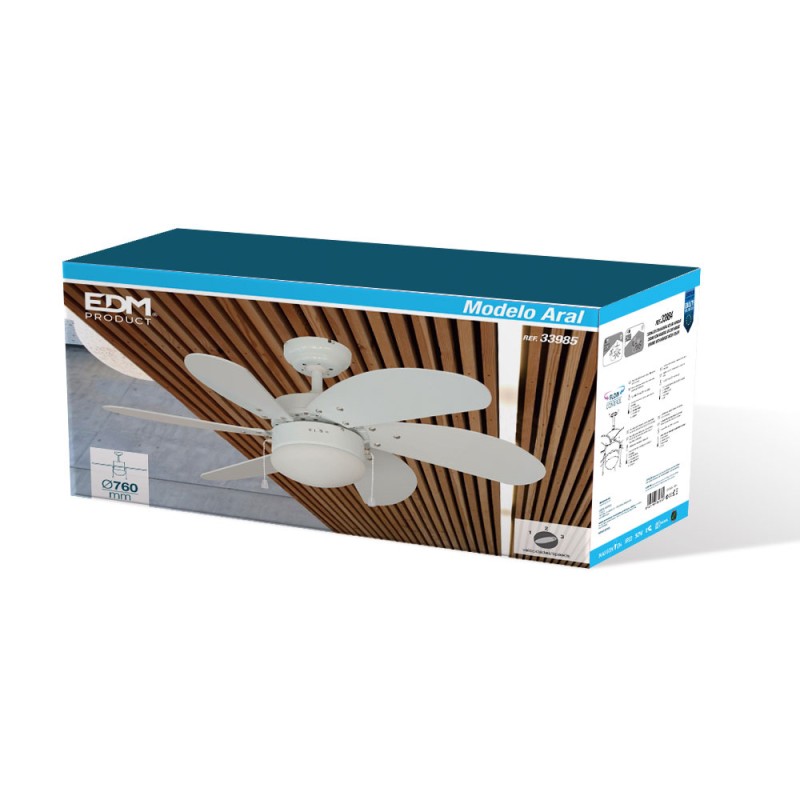Ventilador de techo modelo aral. color blanco. potencia: 50 w aspas: ø76cm