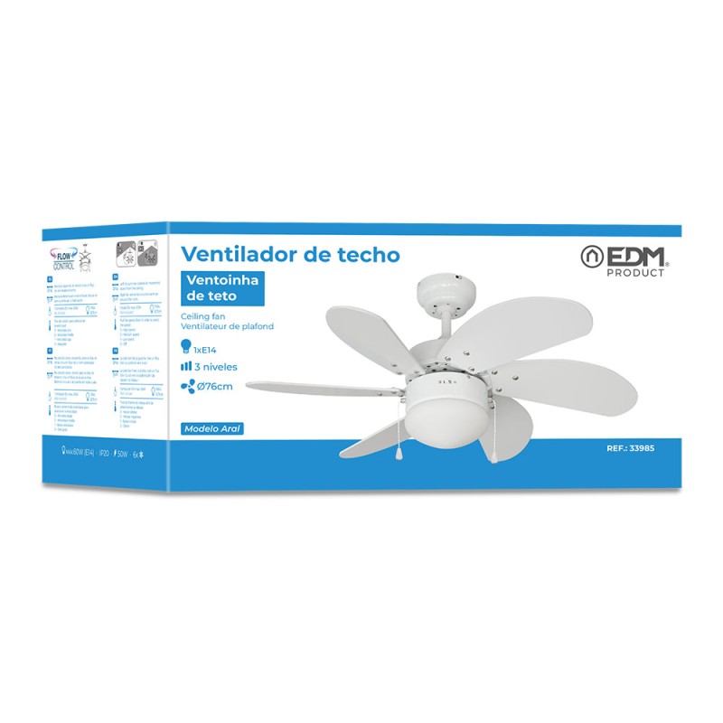 Ventilador de techo modelo aral. color blanco. potencia: 50 w aspas: ø76cm