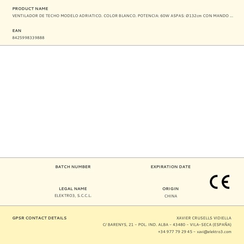 Ventilador de techo modelo adriatico. color blanco. potencia: 60w aspas: ø132cm con mando a distancia edm