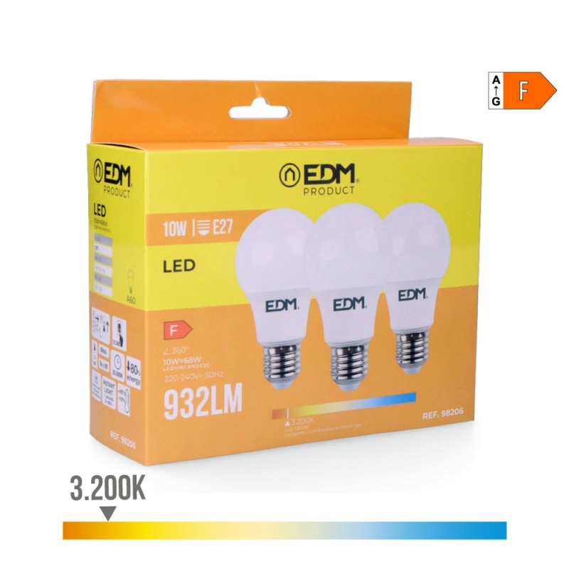 Kit 3 bombillas standard led e27 10 w 932 lm 3200 k luz calida ø6 x 10,8 cm
