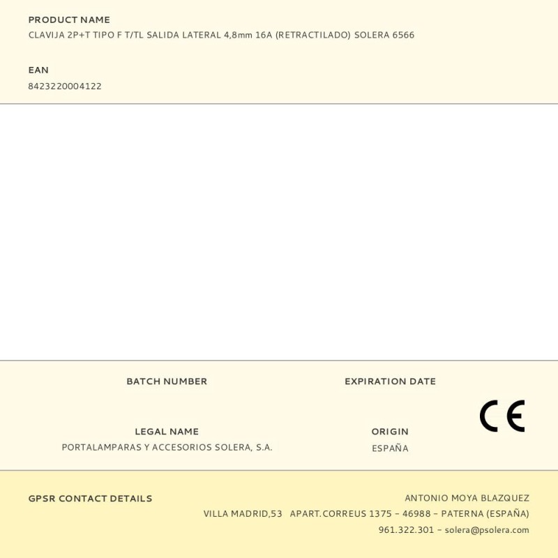 Clavija 2p+t tipo f t/tl salida lateral 4,8mm 16a (retractilado) solera 6566