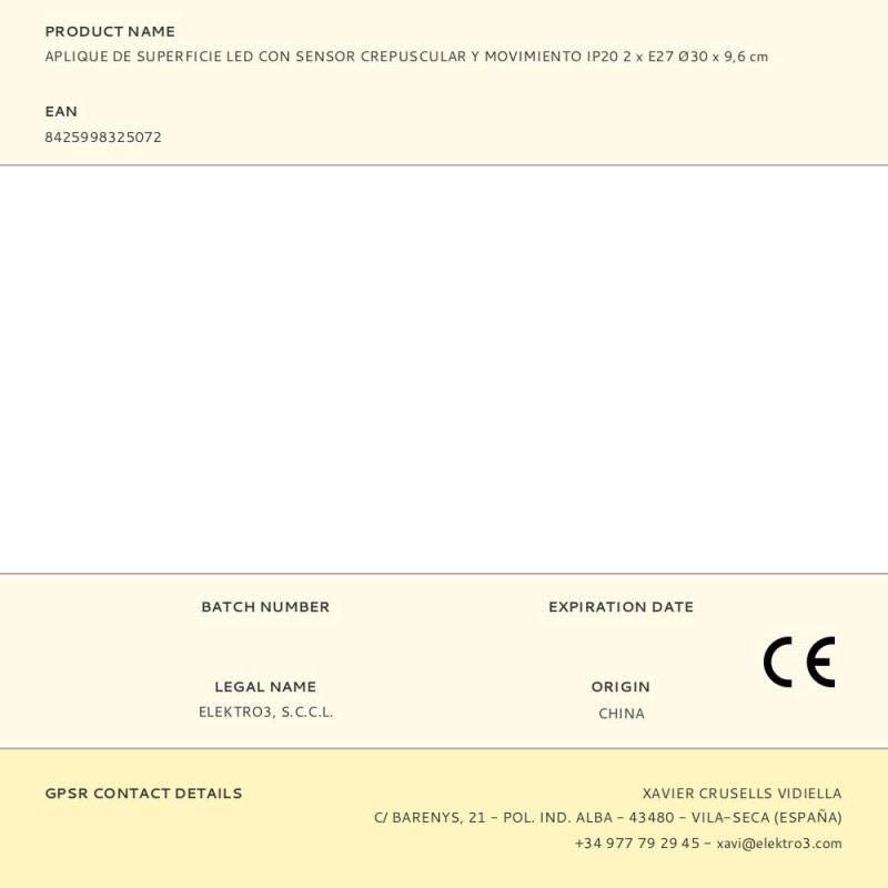 Aplique de superficie led con sensor crepuscular y movimiento ip20 2 x e27 ø30 x 9,6 cm