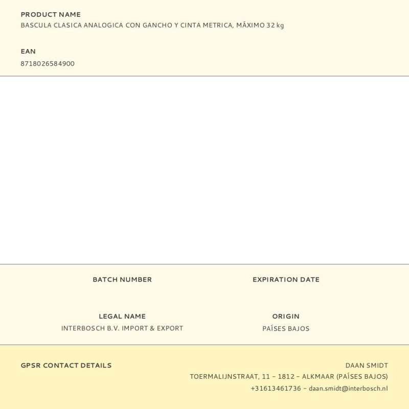 Bascula clasica analogica con gancho y cinta metrica, máximo 32 kg