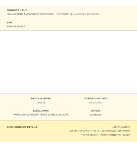 Pila alkalina super heavy duty 3lr12 - 4,5 v (blister 1 unid.) 62 x 22 x 67 mm