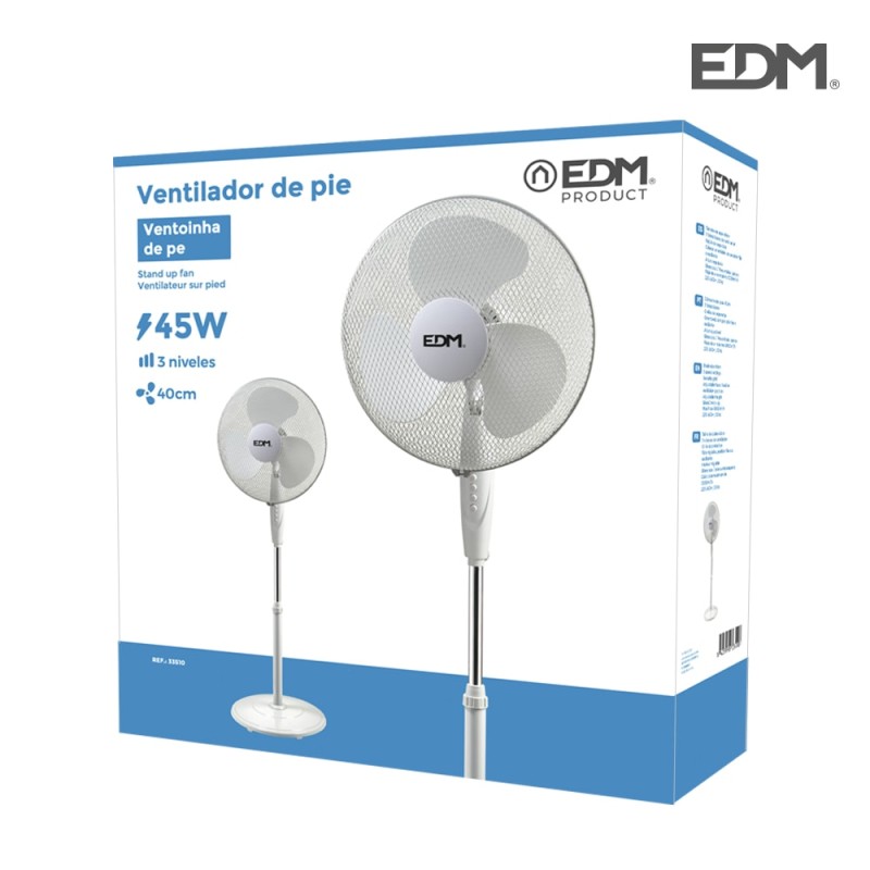 Ventilador de pie base circular, blanco, potencia 45 w 55,6 db aspas ø40 cm, altura regulable 110-130 cm