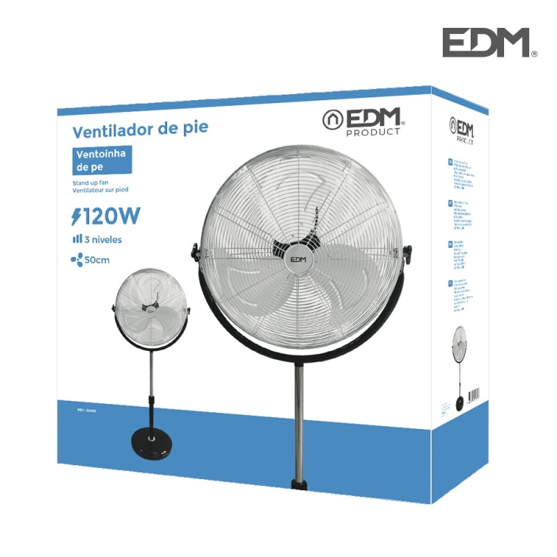 Ventilador de pie industrial base circular, cromado/negro, potencia 120 w 64,9 db aspas ø50 cm, altura regulable 118-148 cm