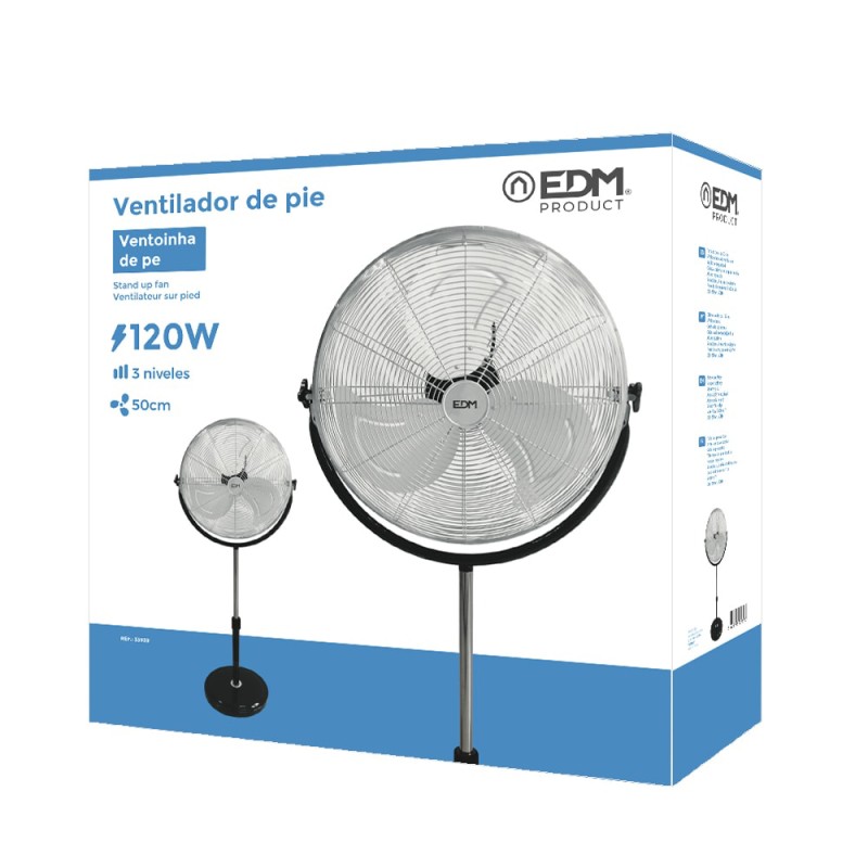 Ventilador de pie industrial base circular, cromado/negro, potencia 120 w 64,9 db aspas ø50 cm, altura regulable 118-148 cm