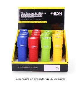 Mini linterna de plástico led cob 60lm 3xaaa (pilas incluidas) colores surtidos