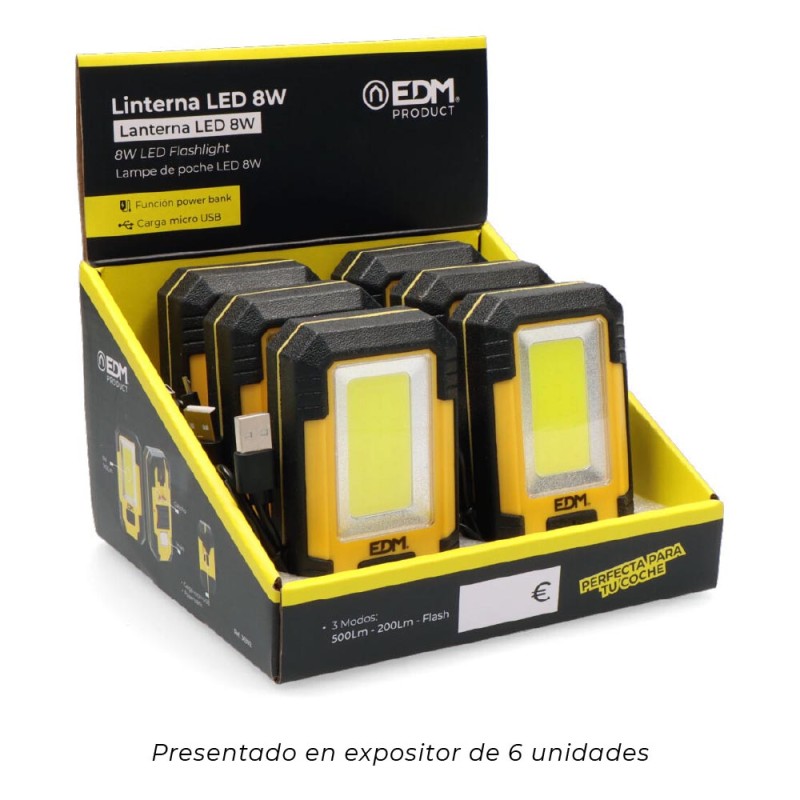 Linterna led 8w cob 450lm /130lm / flash 6.500k recargable con usb. funcion power bank. incluye cable de carga.