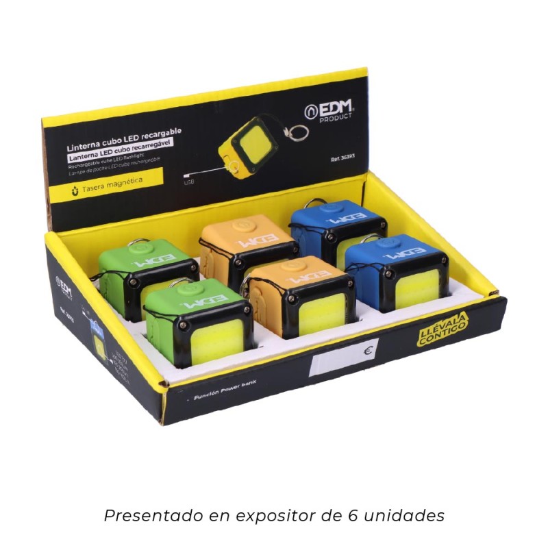 Linterna cubo led recargable. cob 3w 300lm 1.000mah con usb + iman. funcion power bank. colores surtidos