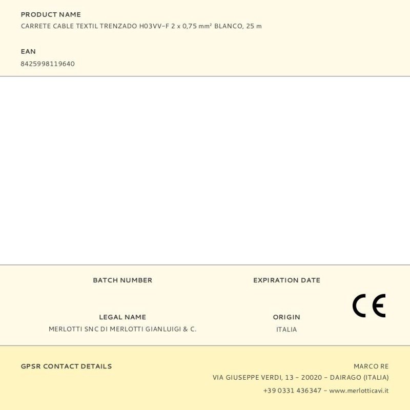 Carrete cable textil trenzado h03vv-f 2 x 0,75 mm² blanco, 25 m