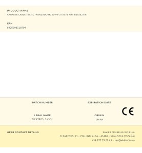 Carrete cable textil trenzado h03vv-f 2 x 0,75 mm² beige, 5 m