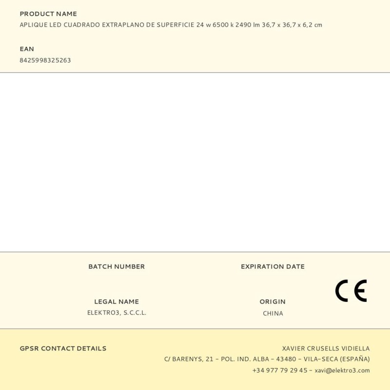 Aplique led cuadrado extraplano de superficie 24 w 6500 k 2490 lm 36,7 x 36,7 x 6,2 cm