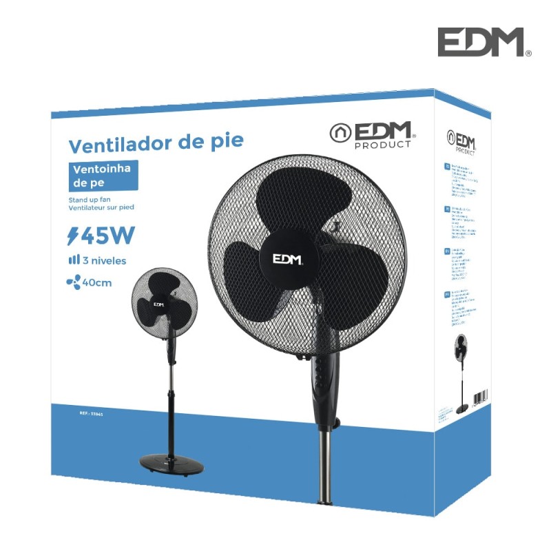 Ventilador de pie base circular, negro, potencia 45 w 55,6 db aspas ø40 cm, altura regulable 110-130 cm