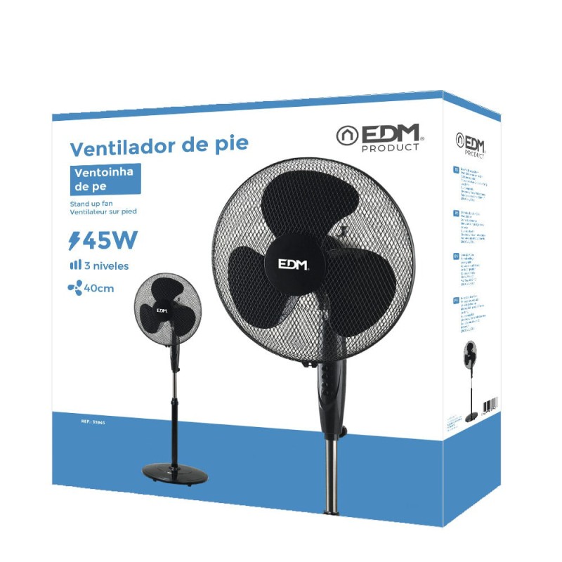 Ventilador de pie base circular, negro, potencia 45 w 55,6 db aspas ø40 cm, altura regulable 110-130 cm