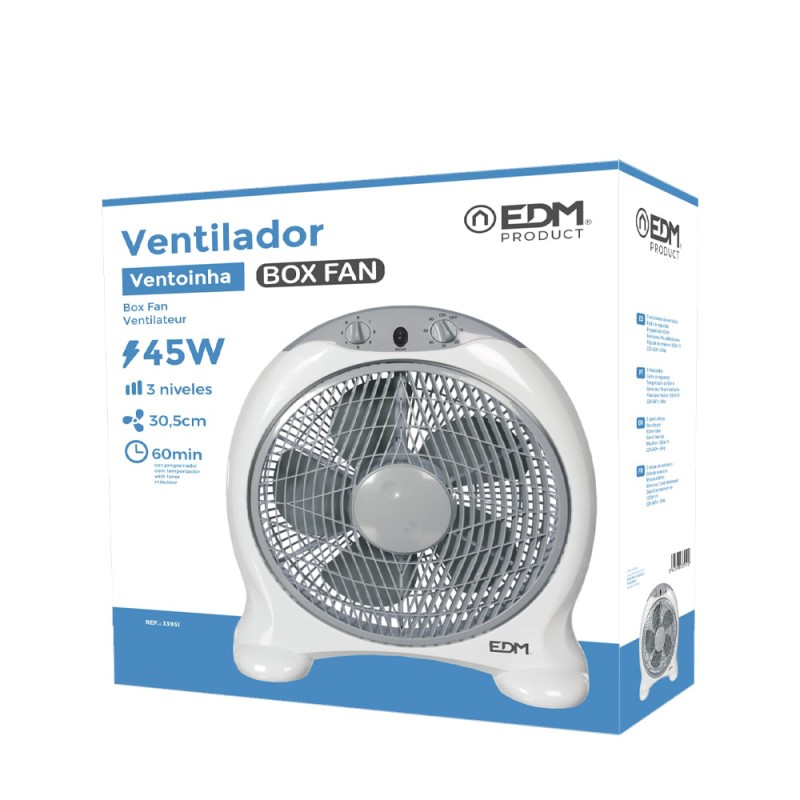 Ventilador box fan, blanco/gris, potencia 45 w 60db aspas ø30,5 cm 38,5 x 13 x 46 cm