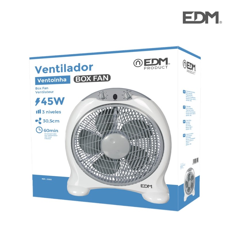 Ventilador box fan, blanco/gris, potencia 45 w 60db aspas ø30,5 cm 38,5 x 13 x 46 cm