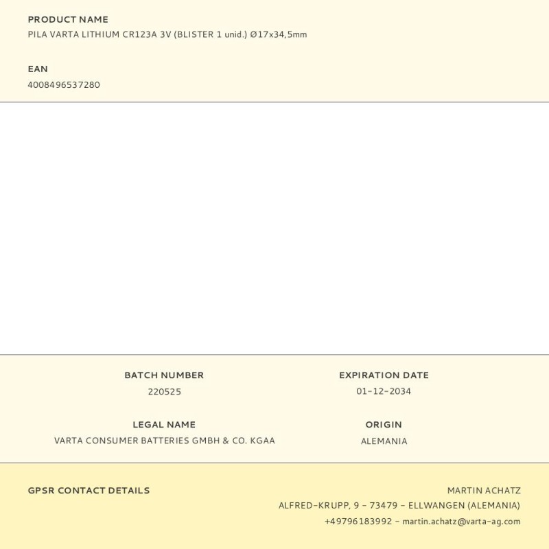 Pila varta lithium cr123a 3v (blister 1 unid.) ø17x34,5mm